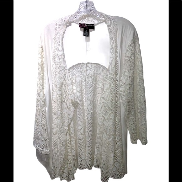 Peck & Peck Sweaters - PECK & PECK Lace Open Front Jacket White